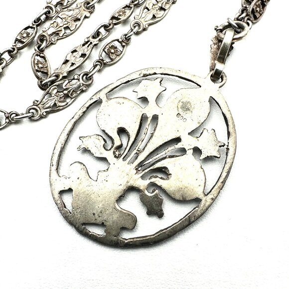 Antique Italy Unsigned Peruzzi Gothic Fleur De Lis Pendant Chain 800 Silver - Picture 3 of 5